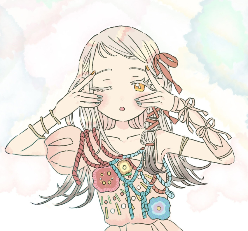 1girl, blonde_hair, blue_flower, bouryoku_hantai, bracelet, colored_eyelashes, dress_flower, flower