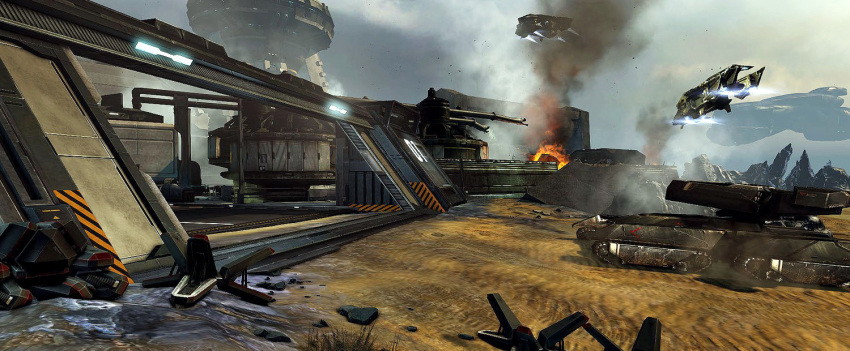 3d, aircraft, autodesk_3ds_max_(medium), building, burning, caldari_state_(eve_online), cannon, caterpillar_tracks