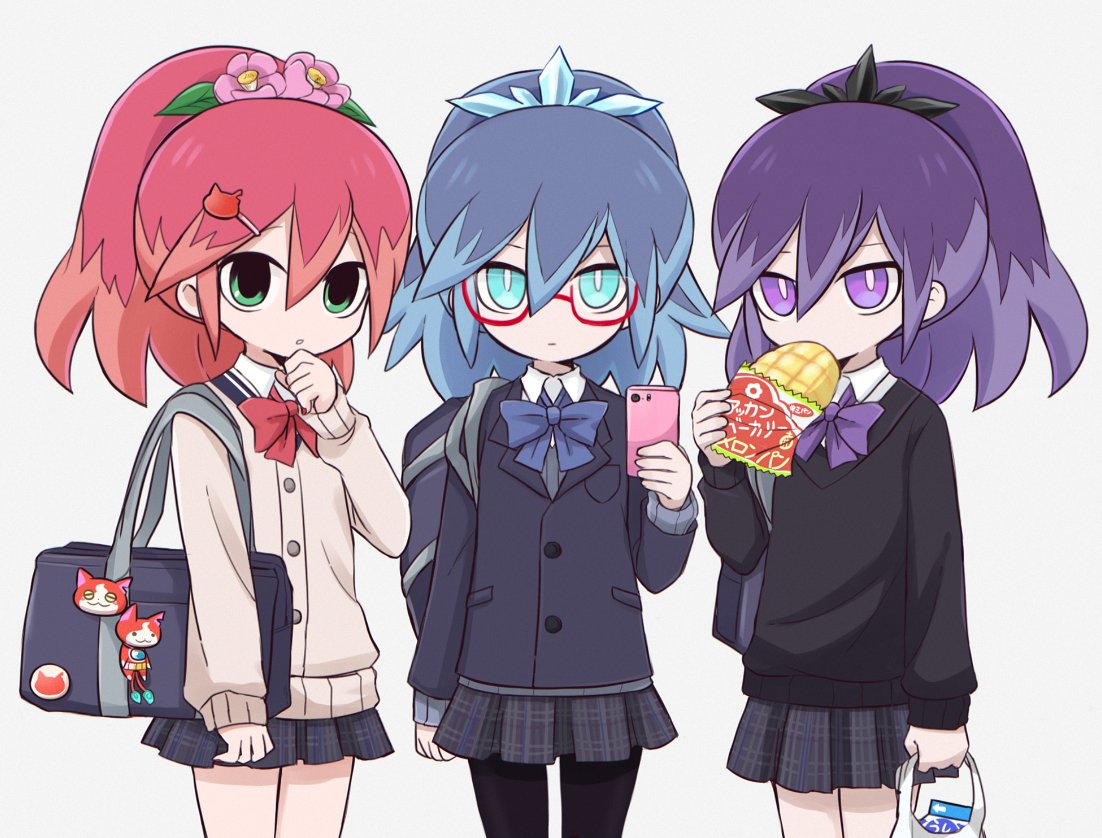 3girls, alternate_costume, bag, black_jacket, black_pantyhose, blue_bow, blue_bowtie, blue_eyes