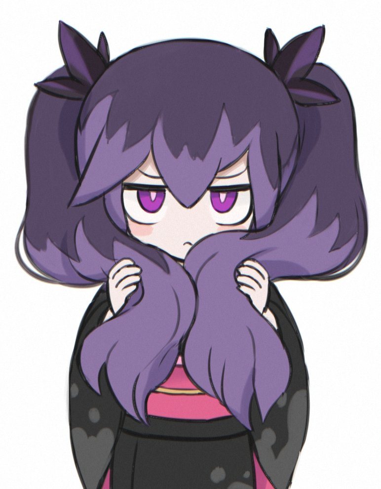 1girl, alternate_costume, black_kimono, hyakkihime, japanese_clothes, kimono, koko_ue, long_hair, looking_at_viewer, purple_hair, simple_background, solo, twintails, violet_eyes, white_background, youkai_(youkai_watch), youkai_watch