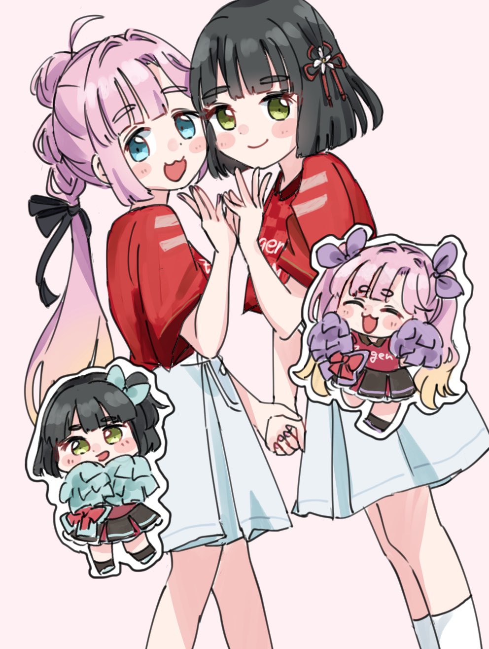 2girls, :3, :d, ^_^, adapted_costume, alternate_costume, anyoji_hime, black_hair, black_ribbon, black_skirt, blonde_hair, blue_bow, blue_skirt, blush, blush_stickers, bob_cut, bow, cheerleader, chibi, chibi_inset, closed_eyes, closed_mouth, commentary, feet_out_of_frame, flower, flower_hands, flower_hands_duo, flower_knot, gradient_hair, green_eyes, h.s.c.t._(love_live!), hair_bow, hair_flower, hair_intakes, hair_ornament, hair_ribbon, hashtag-only_commentary, hasu_no_sora_school_uniform, highres, holding, holding_hands, holding_pom_poms, link!_like!_love_live!, looking_at_viewer, love_live!, medium_skirt, miniskirt, momose_ginko, moso_(expect66), multi-tied_hair, multicolored_hair, multiple_girls, official_alternate_hairstyle, one_side_up, pink_background, pink_hair, pleated_skirt, pom_pom_(cheerleading), ponytail, ribbon, school_uniform, short_hair, simple_background, skirt, smile, socks, summer_uniform, twintails, virtual_youtuber, white_flower, white_socks, yuri, zweigen_kanazawa