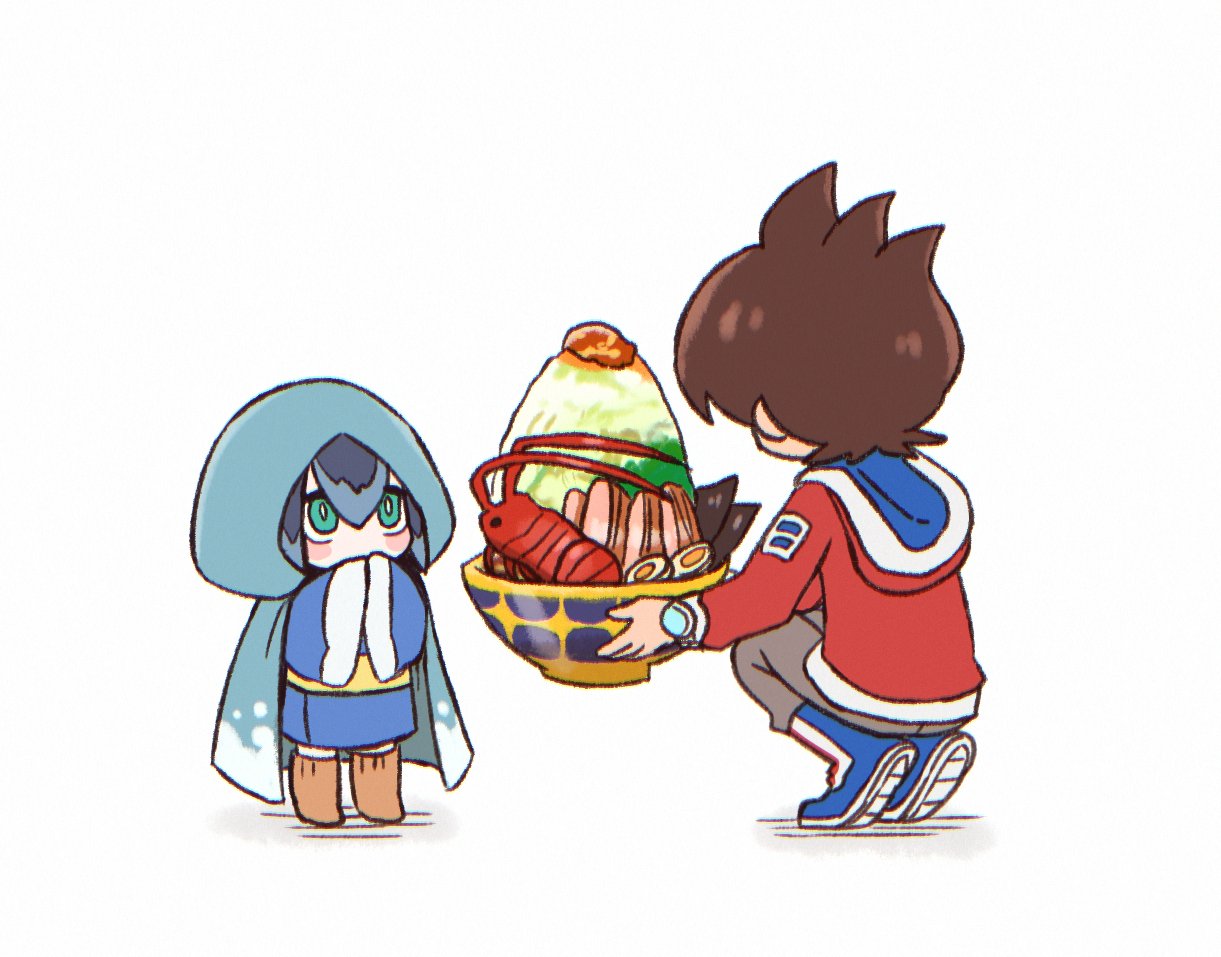 1boy, 1girl, amano_keita, armored_boots, blue_eyes, blue_hair, boots, bowl, brown_hair, brown_pants, everything_ramen_(youkai_watch), food, holding, holding_bowl, jacket, koko_ue, lobster, looking_at_another, pants, red_jacket, short_hair, simple_background, white_background, youkai_(youkai_watch), youkai_watch, yukionna_(youkai_watch)