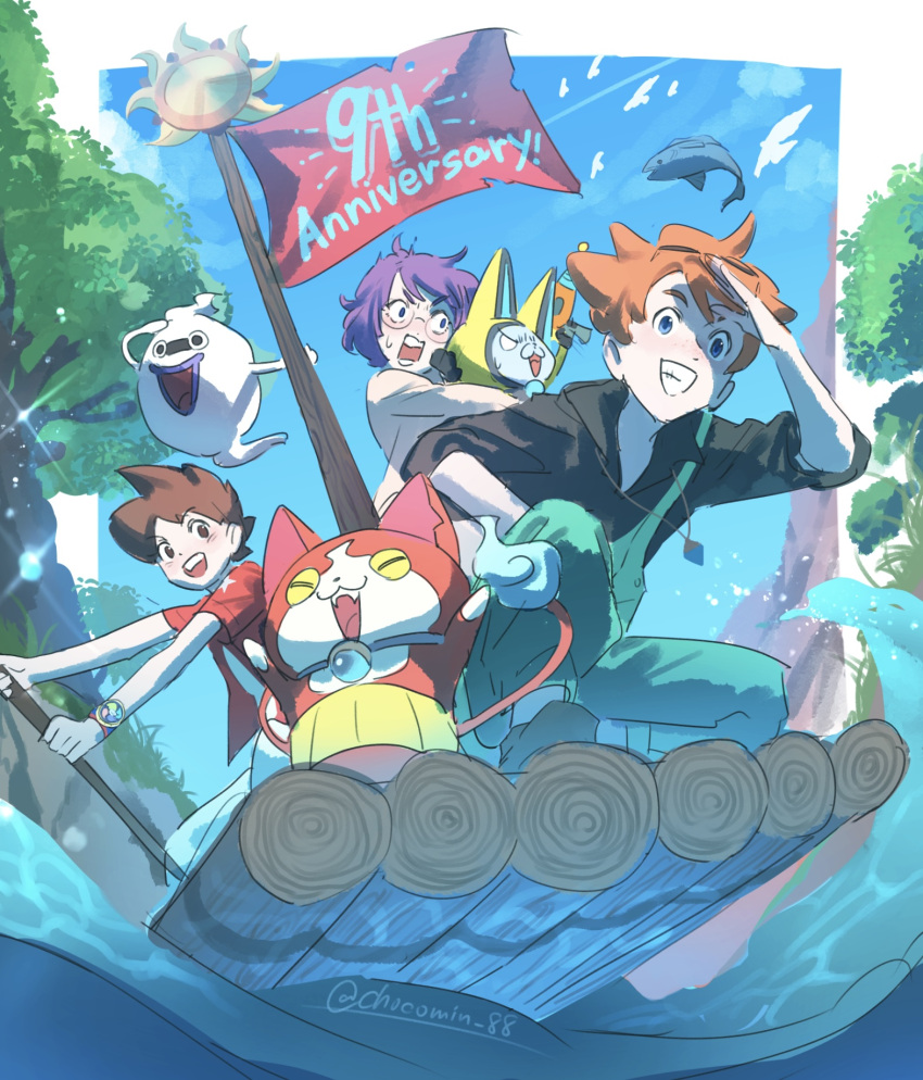 1girl, 2boys, amano_keita, animal_ears, black_shirt, brown_hair, buck_hazeltine, cat_ears