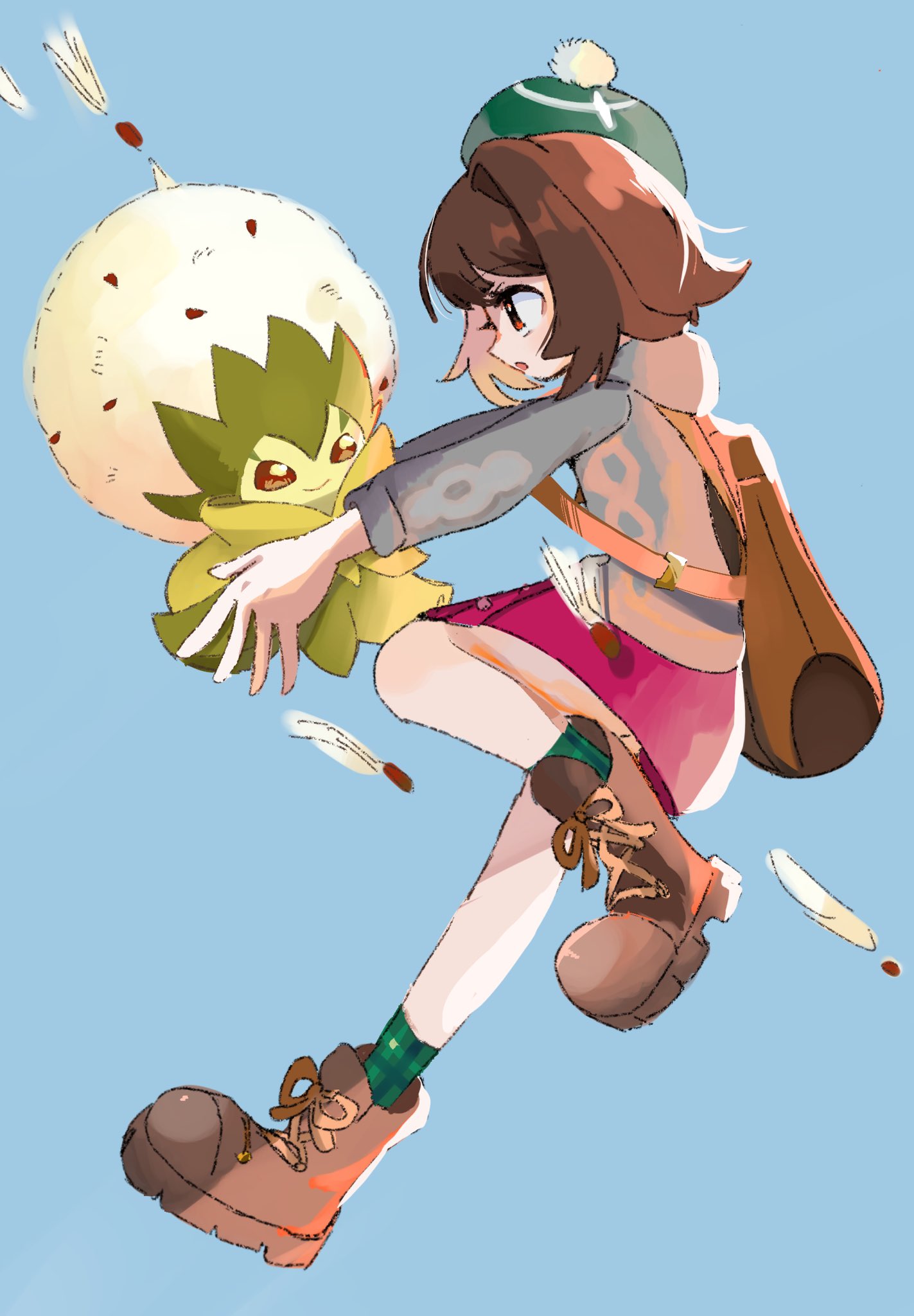 1girl, bob_cut, brown_eyes, brown_hair, cardigan, dress, eldegoss, gloria_(pokemon)