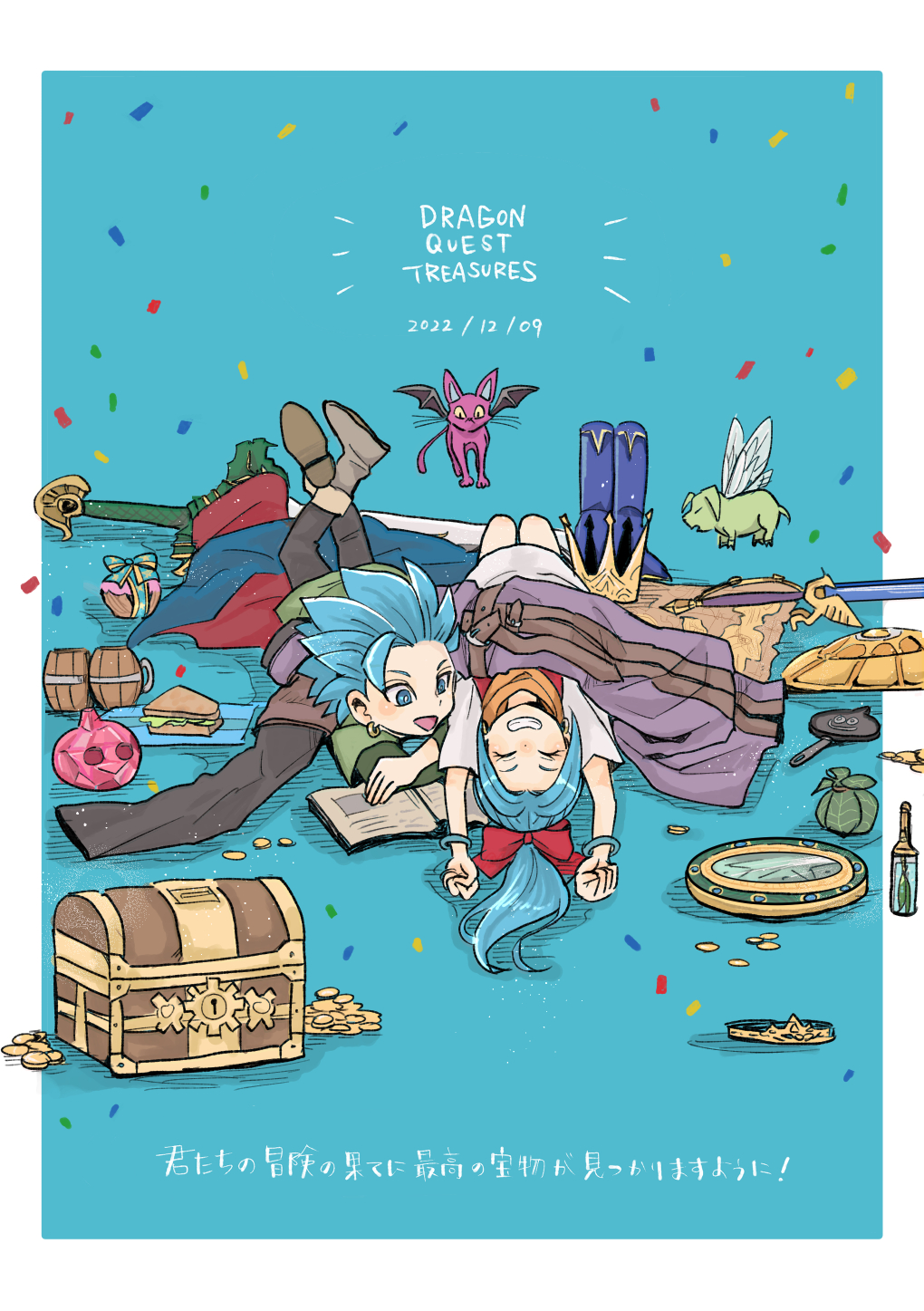 2boys, 2girls, :d, aged_down, aqua_background, bat_wings, blue_eyes, blue_hat
