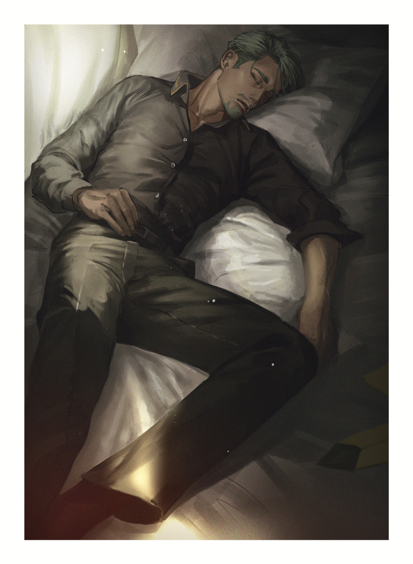 1boy, absurdres, beard, challia_bull, collared_shirt, facial_hair, feet_out_of_frame, green_hair