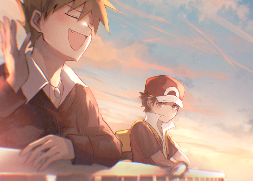 2boys, :d, backpack, bag, blue_oak, brown_eyes, brown_hair, closed_eyes