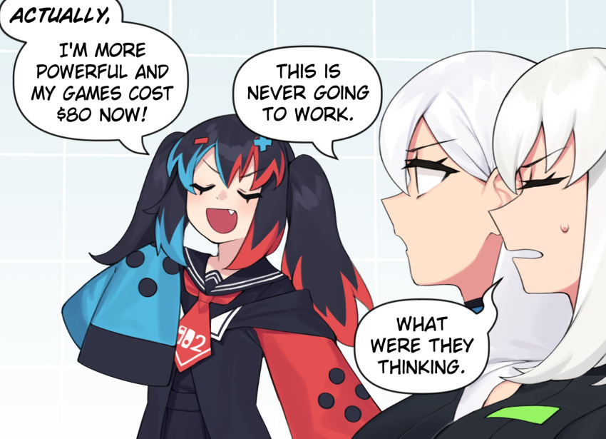 3girls, :d, asymmetrical_sleeves, black_shirt, blue_sleeves, blue_streaks, blush, breasts, closed_eyes, commentary, cross_hair_ornament, dasdokter, english_commentary, english_text, fang, grid_background, hair_ornament, highres, long_hair, long_sleeves, looking_at_another, merryweather, minus_sign, mismatched_sleeves, multicolored_hair, multiple_girls, nintendo_switch_2_(personification), original, plus_sign, ps5_chan, red_sleeves, red_streaks, shirt, sleeves_past_fingers, sleeves_past_wrists, small_sweatdrop, smile, speech_bubble, streaked_hair, talking, twintails, v-shaped_eyebrows, white_background, xbox_series_x_(personification)