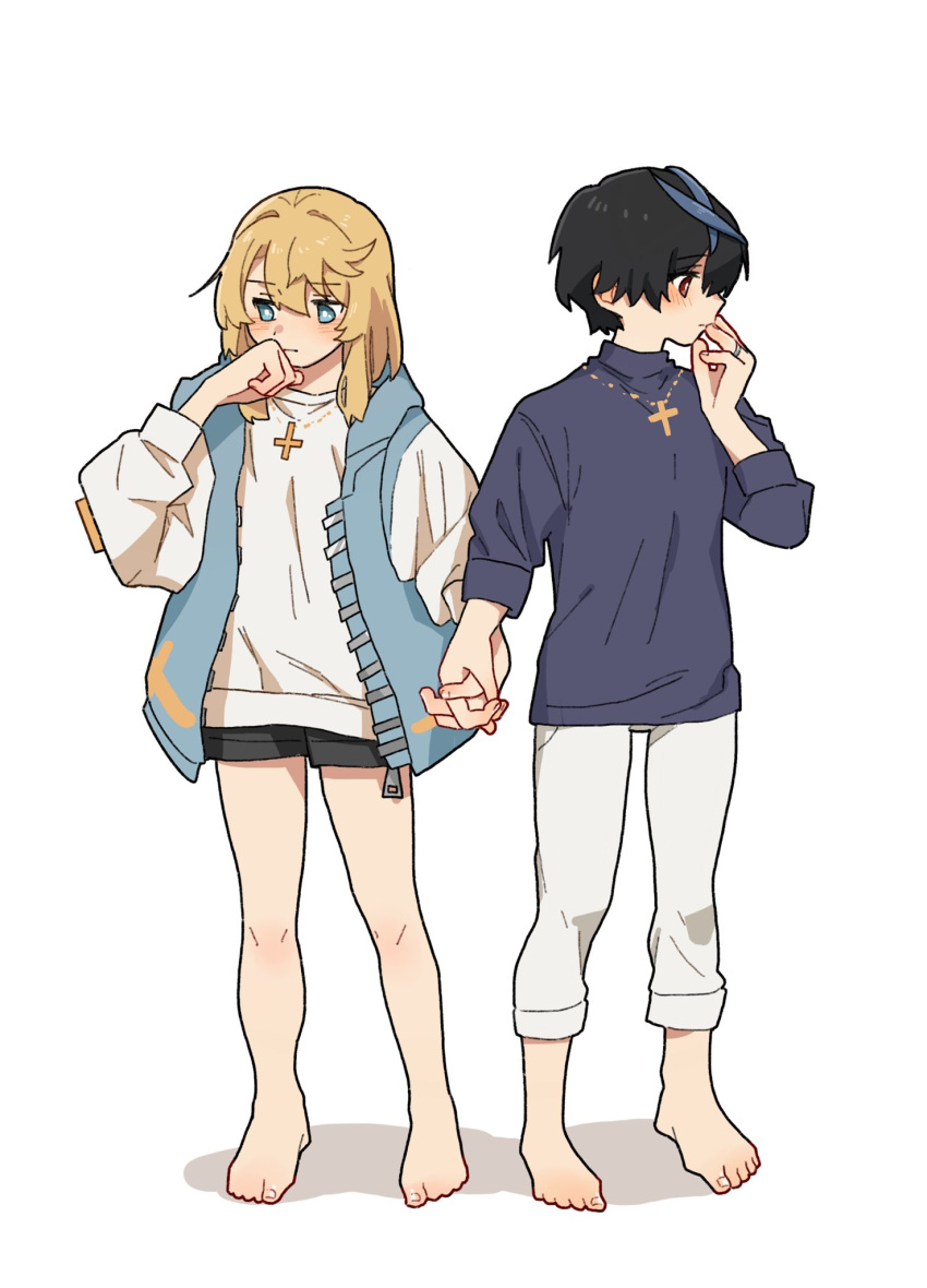 2girls, alternate_costume, averting_eyes, bare_legs, barefoot, black_hair, blonde_hair, blue_streaks