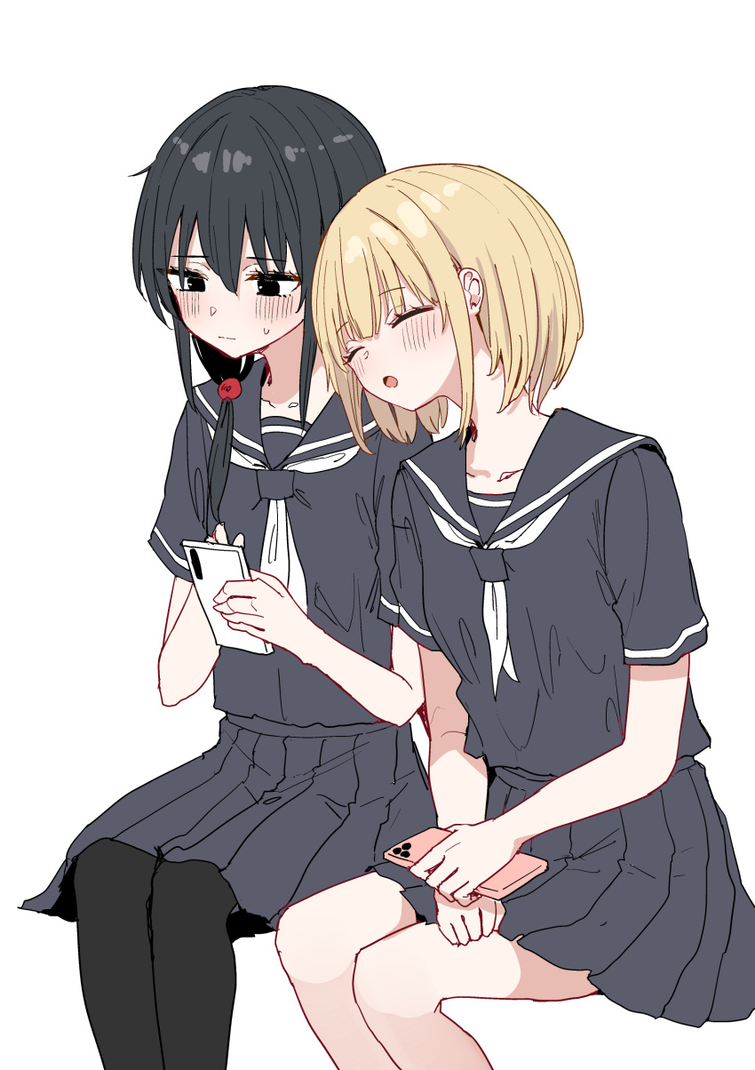 2girls, :o, absurdres, ameno_hitsuka, black_hair, black_pantyhose, black_sailor_collar, black_serafuku