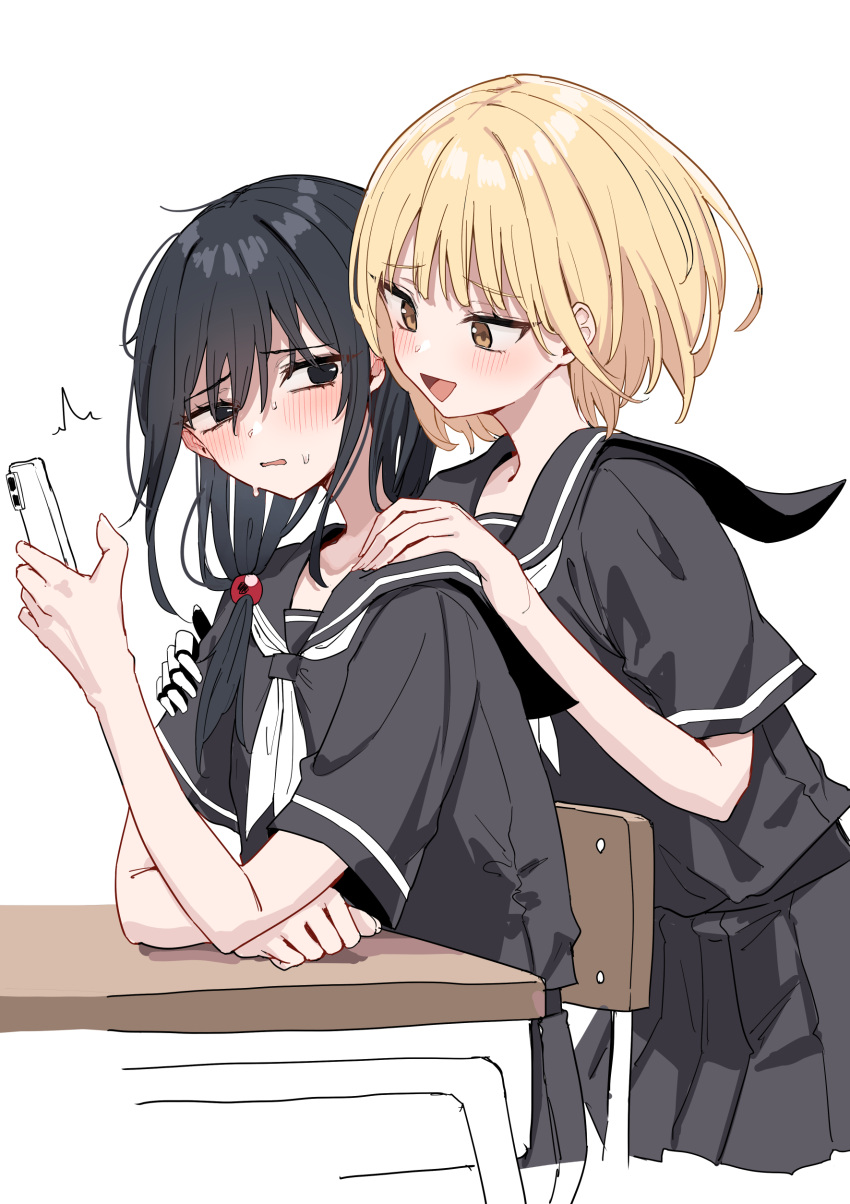 2girls, :d, absurdres, ameno_hitsuka, black_hair, black_sailor_collar, black_serafuku, black_shirt
