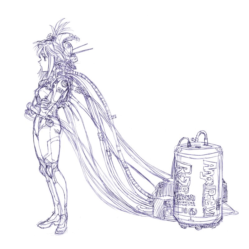 1girl, 1other, angel_pac, bodysuit, cable, canister, crossed_arms, cyborg