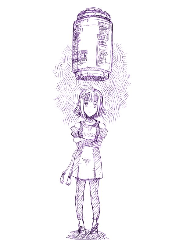 1girl, 1other, angel_pac, canister, crossed_arms, expressionless, irem, monochrome, r-type, rakshasa_(artist), short_hair, simple_background, standing, white_background