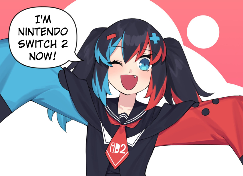 1girl, :d, black_hair, black_shirt, blue_eyes, blue_sleeves, blue_streaks, blush, commentary, cross_hair_ornament, dasdokter, double-parted_bangs, english_commentary, fang, hair_between_eyes, hair_ornament, happy, highres, long_hair, long_sleeves, looking_at_viewer, merryweather, minus_sign, multicolored_hair, nintendo_switch_2_(personification), one_eye_closed, open_mouth, original, outstretched_arms, plus_sign, red_background, red_sleeves, red_streaks, shirt, smile, solo, speech_bubble, spread_arms, streaked_hair, talking, twintails, two-tone_background, upper_body, white_background