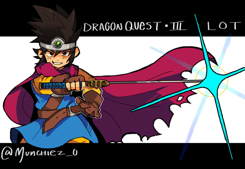 1boy, absurdres, belt, black_border, black_eyes, blue_tunic, border, brown_belt