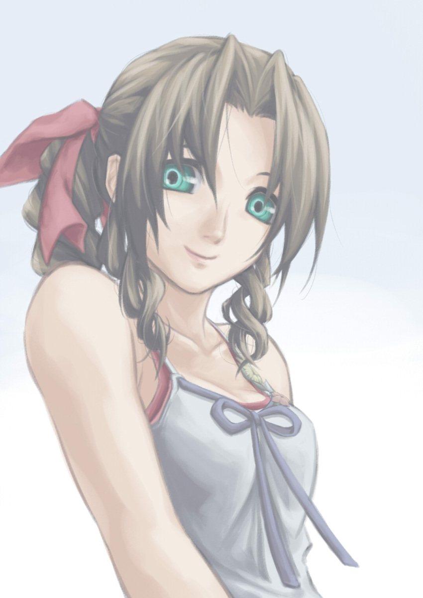 braid, brown_hair, crisis_core_final_fantasy_vii, dies, final_fantasy, final_fantasy_vii, green_eyes, hair_ribbon, highres, long_hair, pic_7627, ponytail, ribbon, single_braid, solo, tsubasatsukinoa