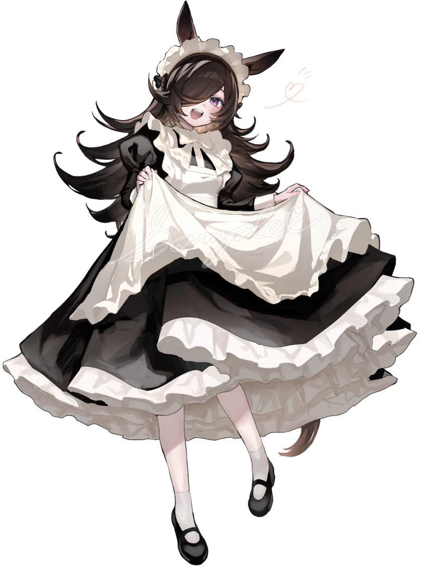 1girl, animal_ears, apron, black_dress, black_hair, black_shoes, blue_eyes, bright_pupils
