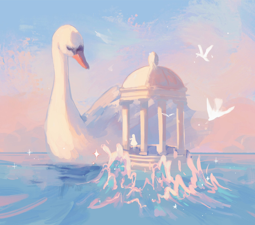 1girl, animal, animal_focus, beanynne, bird, black_eyes, column, commentary, english_commentary, flying, highres, looking_at_another, ocean, original, oversized_animal, pillar, silhouette, sky, sparkle, standing, swan, unfinished, water, waving