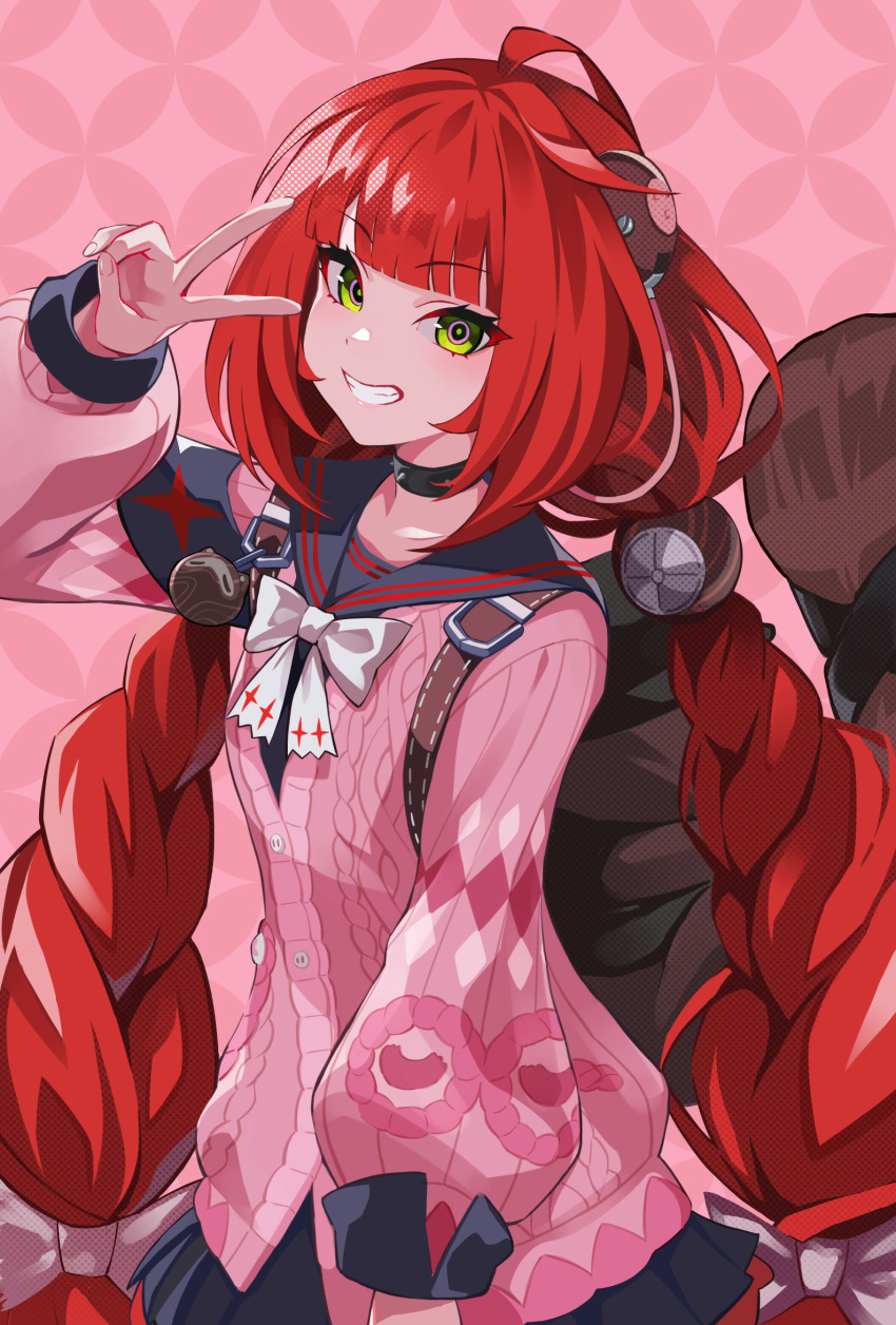1girl, ahoge, animal_on_back, black_choker, black_sailor_collar, blush, bow, bowtie