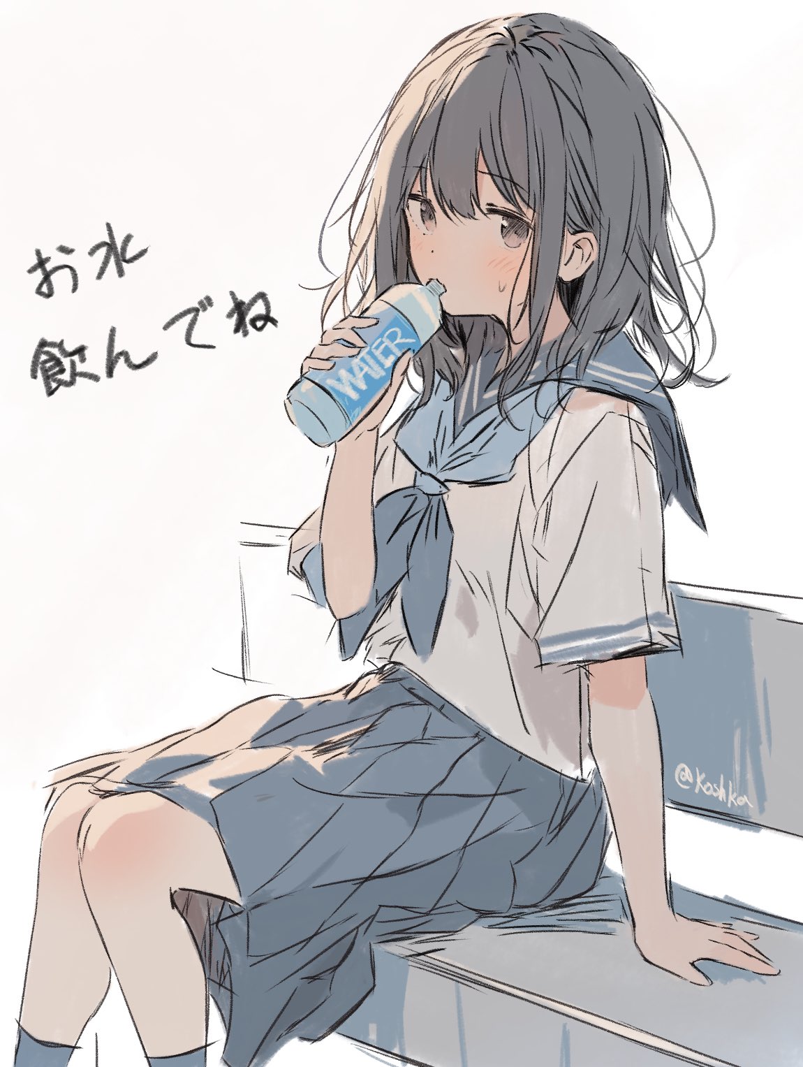 1girl, bench, black_hair, blue_hair, blue_sailor_collar, blue_skirt, blush, bottle