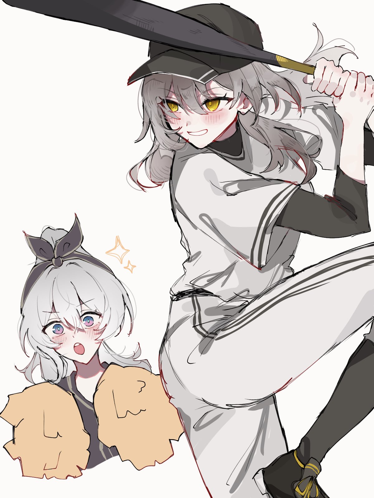 2girls, :o, baseball, baseball_bat, baseball_cap, baseball_uniform, black_shoes, black_sleeves