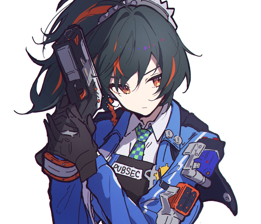 1girl, absurdres, aitekku, black_gloves, black_hair, blue_jacket, checkered_necktie, closed_mouth