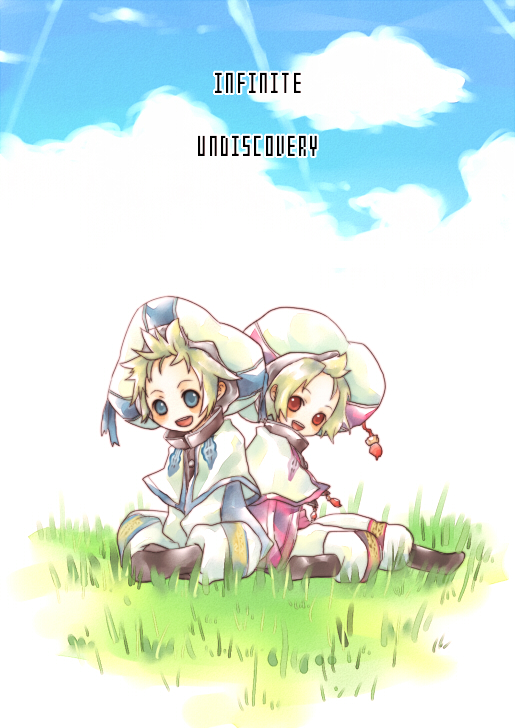 1girl, blonde_hair, blue_eyes, brother_and_sister, child, cloud, clouds, grass, hat, infinite_undiscovery, pants, red_eyes, rico_(infinite_undiscovery), rucha, shawl, shoes, short_hair, siblings, sitting, sky, smile, suzushiro_haru, title_drop, twins