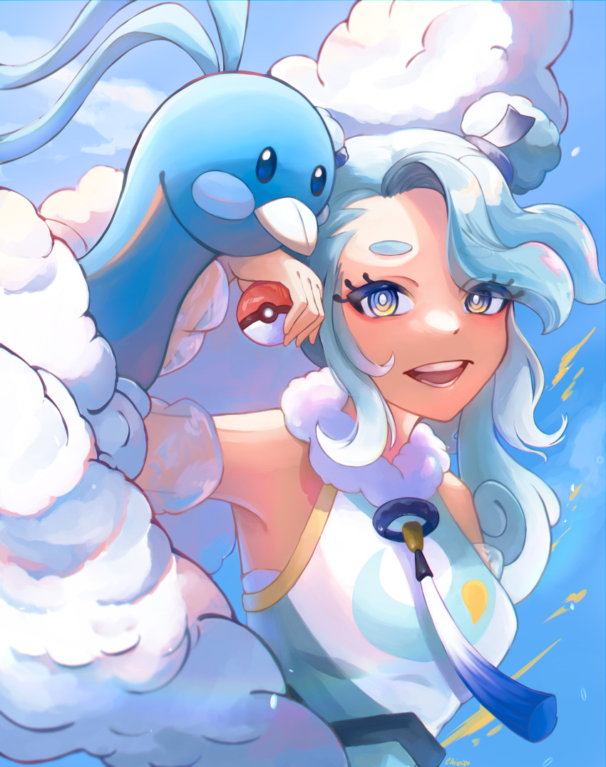 1girl, 1other, absurdres, altaria, aqua_eyes, aqua_hair, bird, blue_bird