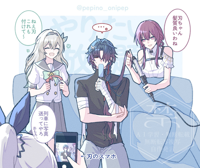 1boy, 3girls, bandaged_arm, bandages, bare_shoulders, black_shirt, blade_(honkai:_star_rail), blue_couch