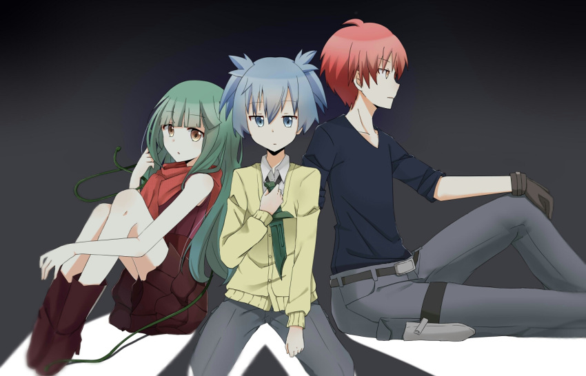 1girl, 2boys, akabane_karma, ansatsu_kyoushitsu, black_shirt, blue_eyes, blue_hair, boots, brown_gloves, collared_shirt, dress, gloves, green_hair, grey_pants, holding, holding_knife, kayano_kaede, knife, long_hair, mano_(16246), multiple_boys, pants, purple_boots, purple_dress, red_eyes, red_scarf, scarf, shiota_nagisa, shirt, short_hair, short_sleeves, short_twintails, sleeveless, sleeveless_dress, sweater, twintails, white_shirt, yellow_eyes, yellow_sweater