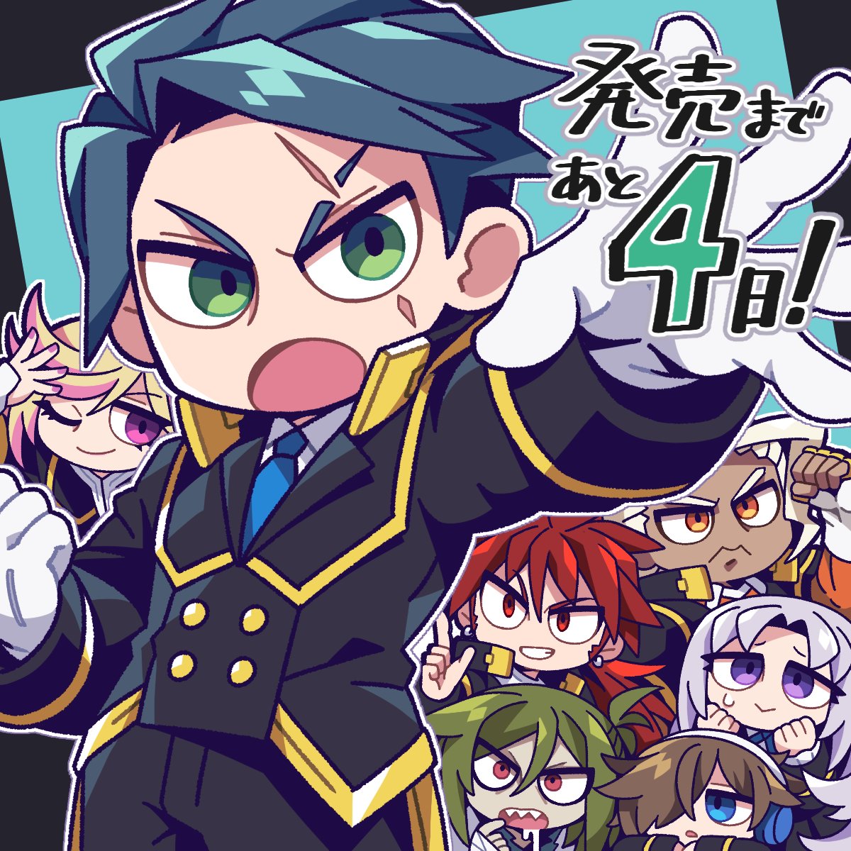 1girl, 6+boys, azure_striker_gunvolt, azure_striker_gunvolt_1, black_jacket, black_pants, blue_background, blue_eyes