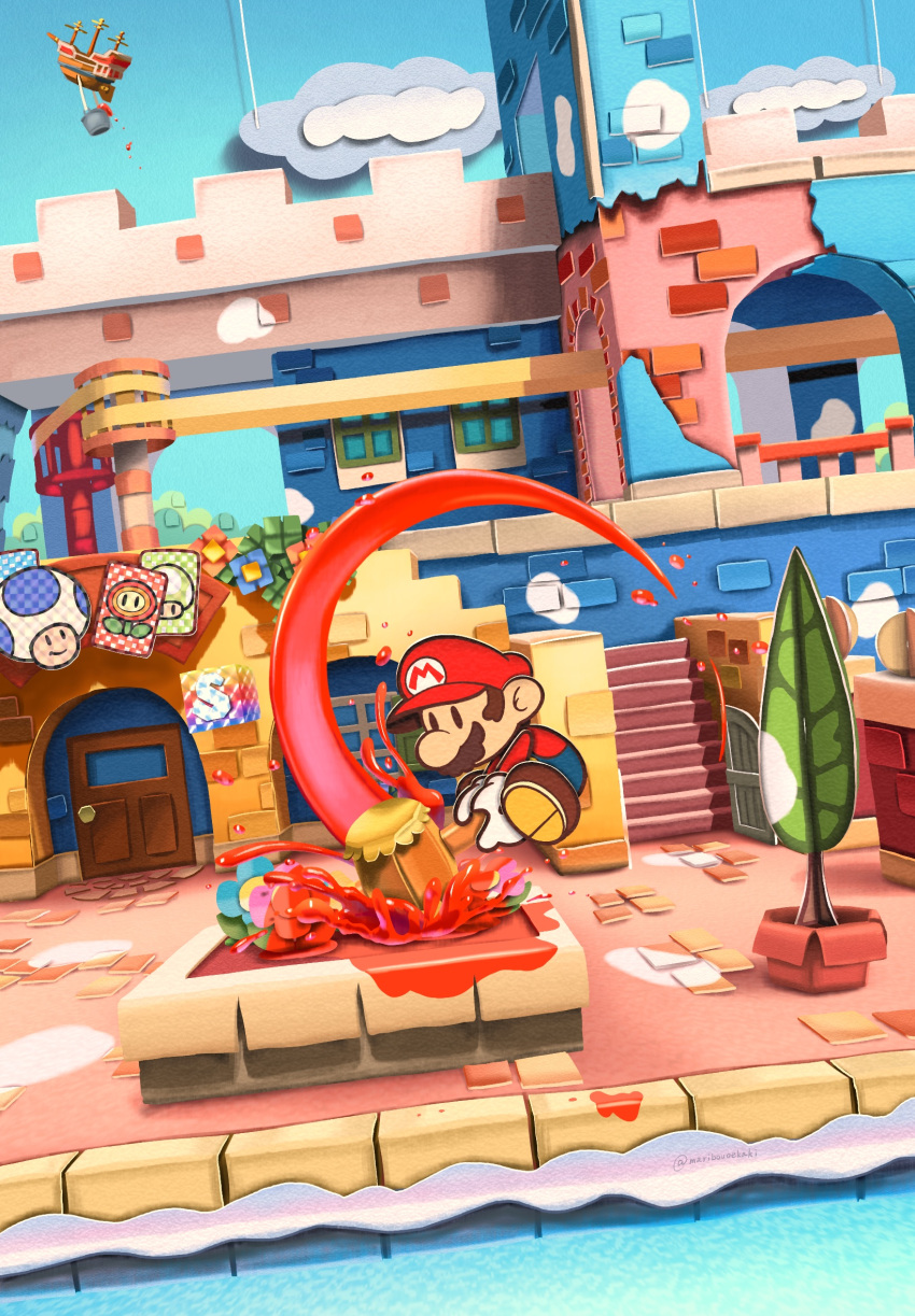 1boy, aircraft, airship, artist_name, blue_flower, blue_overalls, blue_sky, brick_wall, brown_hair, brown_shoes, building, clouds, door, dutch_angle, facial_hair, flower, gloves, hammer, hat, highres, holding, holding_hammer, jumping, maribou_(supermaribou), mario, mustache, newsboy_cap, outdoors, overalls, paint, paint_can, paper_mario, paper_mario:_color_splash, plant, potted_plant, red_hat, red_shirt, save_block, shirt, shoes, shop, short_hair, signature, sky, solid_oval_eyes, solo, stairs, string, super_mario_bros., water, white_gloves, window