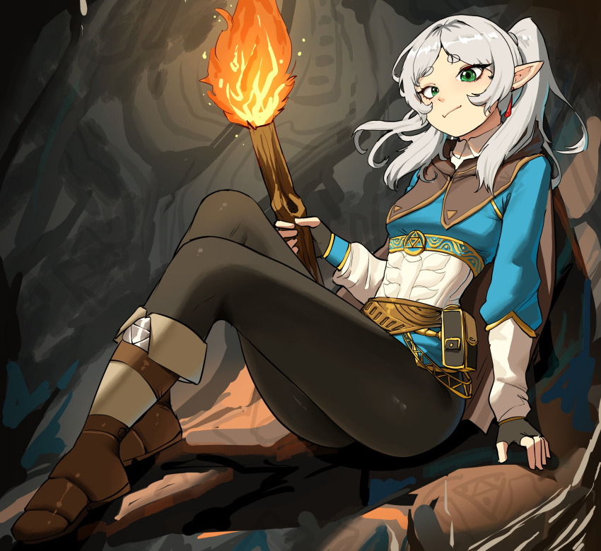 1girl, absurdres, boots, breasts, capelet, champion's_tunic_(zelda), closed_mouth, cosplay, earrings, elf, frieren, green_eyes, highres, holding, holding_torch, jewelry, long_hair, long_sleeves, pants, parted_bangs, pointy_ears, princess_zelda, princess_zelda_(cosplay), rajah_(dajah), sidelocks, solo, sousou_no_frieren, the_legend_of_zelda, the_legend_of_zelda:_breath_of_the_wild, the_legend_of_zelda:_tears_of_the_kingdom, torch, tunic, twintails, white_hair