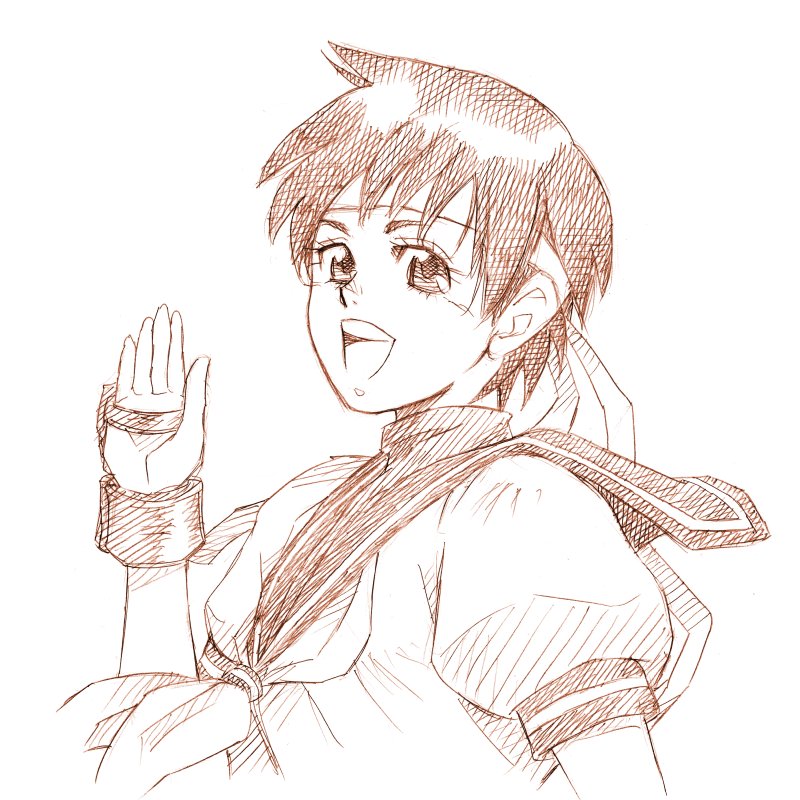 1girl, fingerless_gloves, gloves, headband, kasugano_sakura, looking_at_viewer, mma_gloves, open_mouth, portrait, rakshasa_(artist), sailor_collar, school_uniform, serafuku, short_hair, solo, street_fighter, street_fighter_zero_(series), teeth, upper_teeth_only