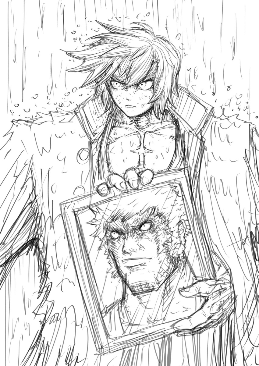 coat, coat_on_shoulders, father_and_son, frown, getter_robo, getter_robo_(classic), greyscale, highres, holding_portrait, monochrome, muscular, muscular_male, nagare_ichigan, nagare_ryoma, photo_(object), picture_frame, portrait_(object), rain, short_hair, sketch, spiky_hair, v-shaped_eyebrows, yagi1227