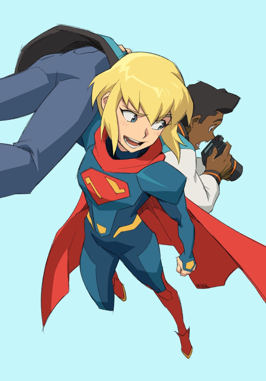 1boy, 1girl, blonde_hair, bodysuit, boots, camera, cape, carrying_over_shoulder