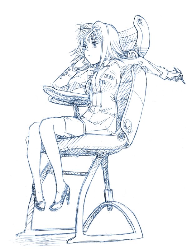 1girl, bored, chair, hand_on_own_cheek, hand_on_own_face, high_heels, military_uniform, monochrome, original, pen, r-type, r-type_tactics_ii:_operation_bitter_chocolate, rakshasa_(artist), short_hair, simple_background, suu_thruster_(rakshasa), white_background