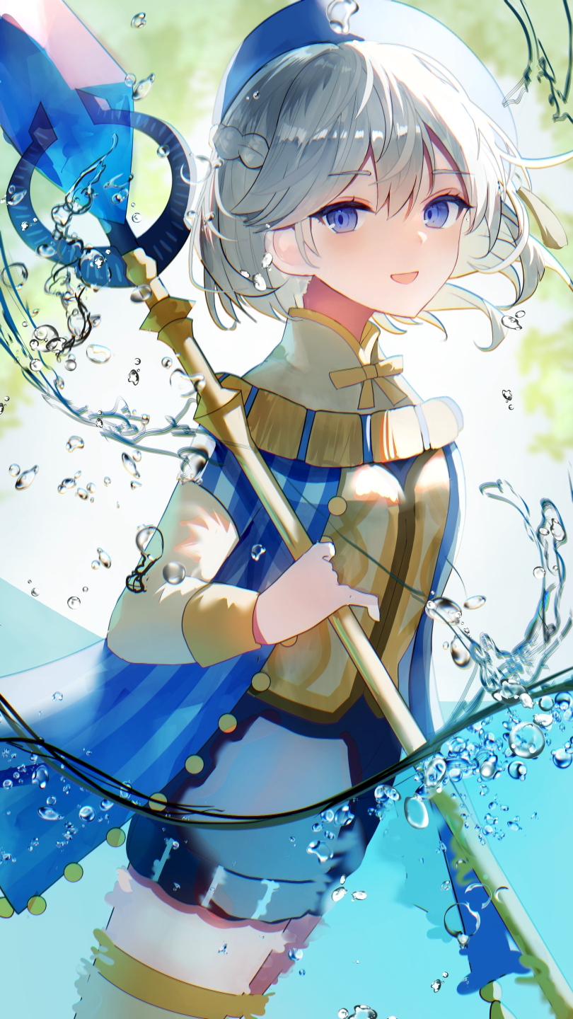 1girl, afk_(series), afk_journey, air_bubble, blue_cloak, blue_eyes, blue_hat, blue_shorts