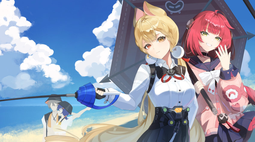 1boy, 3girls, absurdres, alice_thymefield, animal_ears, beach, belle_(summer_skies)_(zenless_zone_zero), belle_(zenless_zone_zero)