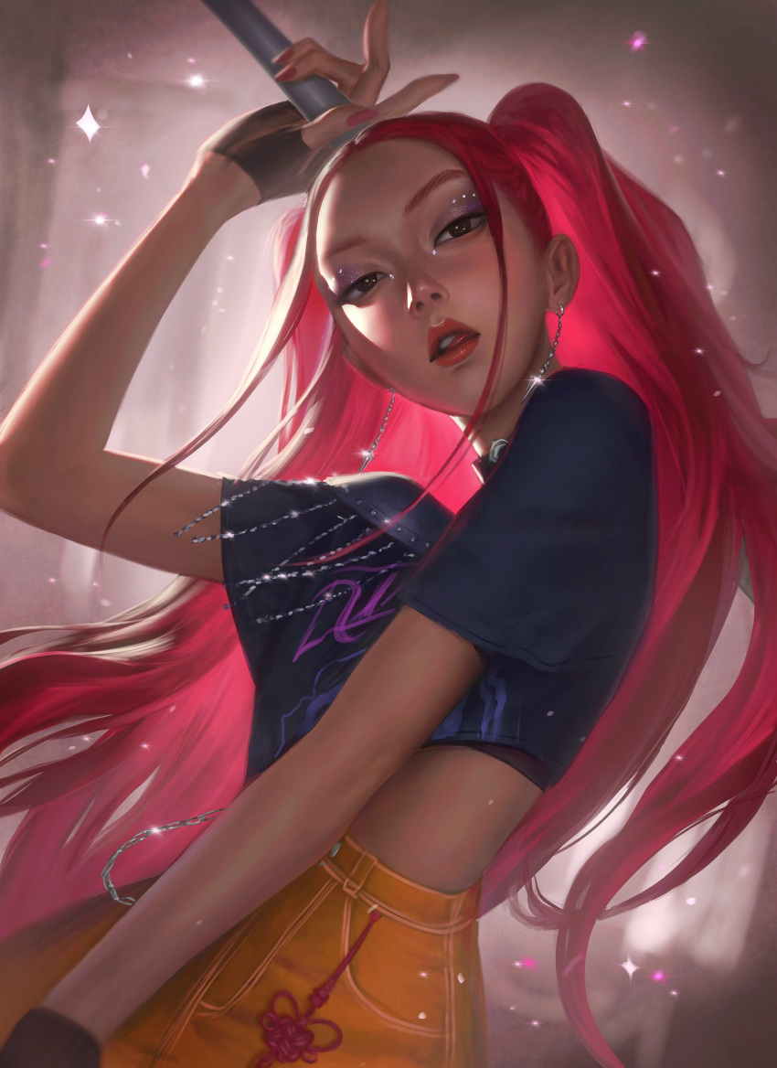 1girl, commentary, cowboy_shot, crop_top, earrings, eyeshadow, fingerless_gloves, gloves, highres, holding, holding_weapon, jewelry, kpop_demon_hunters, long_hair, looking_at_viewer, makeup, mira_(kpop_demon_hunters), palson, pink_hair, red_lips, sidelocks, skirt, solo, sparkle, tongue, tongue_out, twintails, weapon