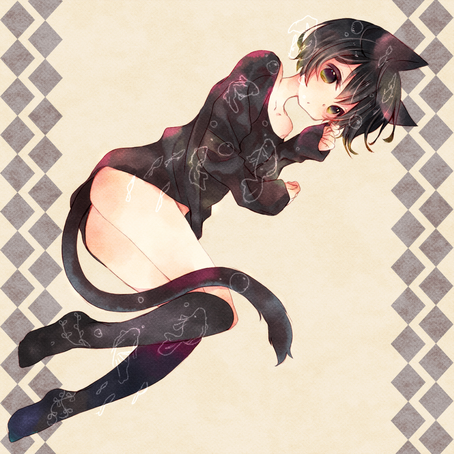 animal_ears, ass, bare_shoulders, black_hair, black_legwear, cat_ears, cat_tail, fish