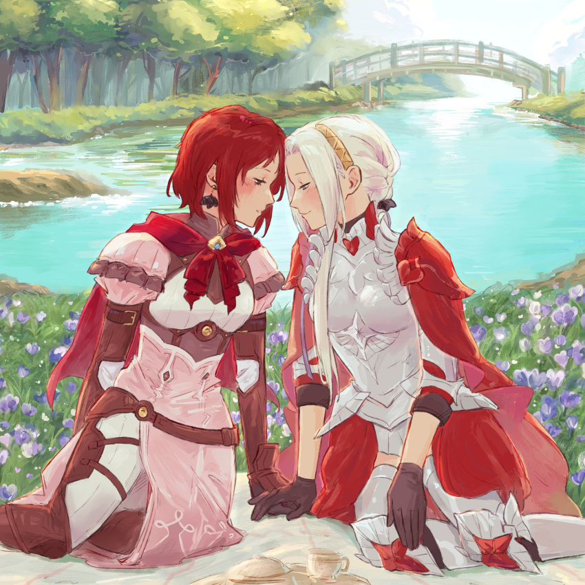 2girls, absurdres, armor, blush, boobplate, breasts, bridge, cape, closed_eyes, closed_mouth, edelgard_von_hresvelg, edelgard_von_hresvelg_(timeskip), field, fire_emblem, fire_emblem:_three_houses, fire_emblem_warriors:_three_hopes, flower, flower_field, gloves, hair_ornament, hairband, herdwicoco, highres, long_hair, long_sleeves, monica_von_ochs, multiple_girls, official_alternate_costume, official_alternate_hairstyle, outdoors, picnic, picnic_blanket, red_cape, red_eyes, red_hair, short_hair, smile, water, white_hair, yuri