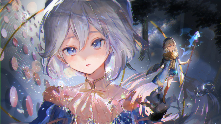 1girl, absurdres, afk_(series), afk_journey, blue_cloak, blue_eyes, blue_hat, blue_shorts