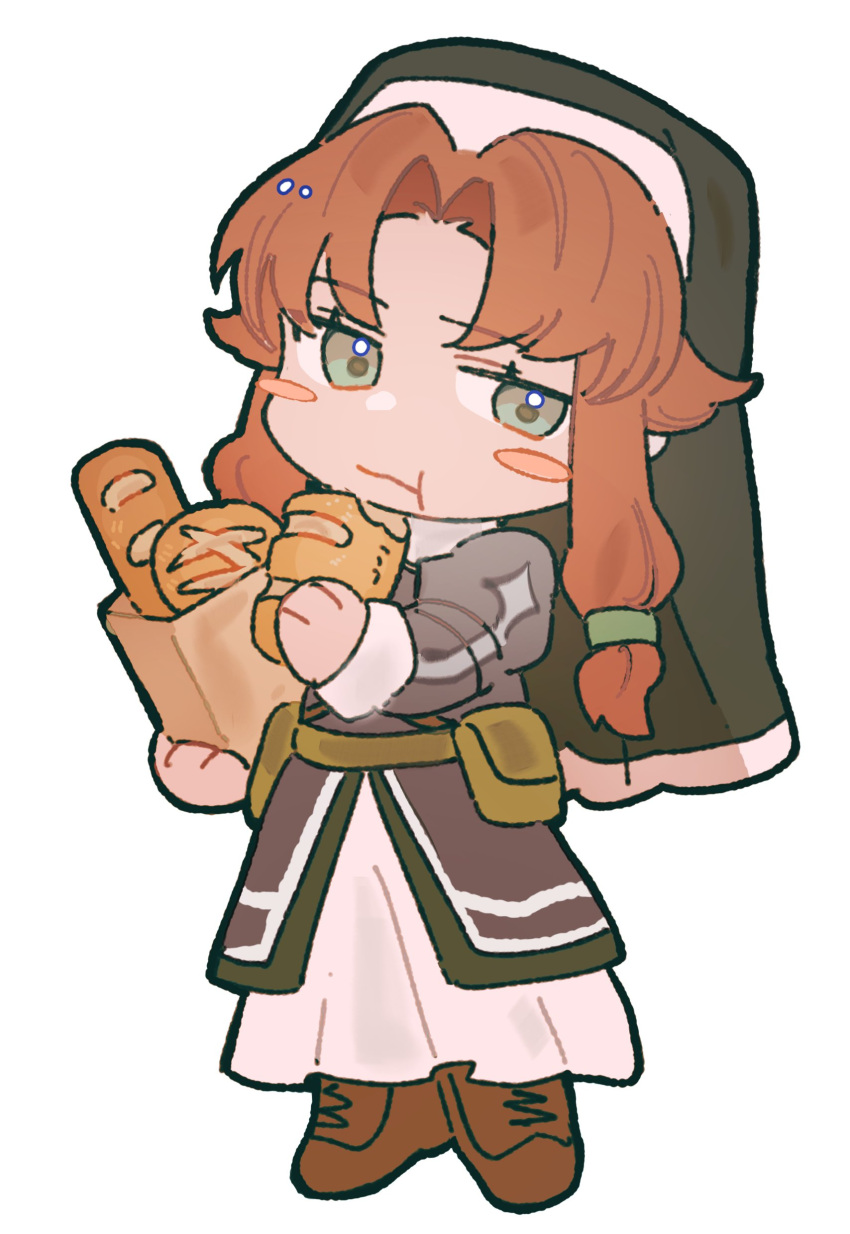 1girl, absurdres, bag, baguette, belt_pouch, bread, brown_hair, chibi