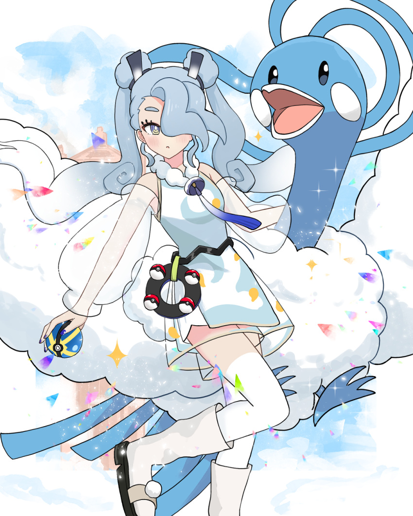 1girl, 1other, altaria, aqua_eyes, aqua_hair, bird, blue_bird, blue_nails