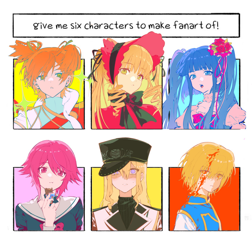 1boy, 5girls, absurdres, black_bow, black_bowtie, black_hat, blonde_hair, blood