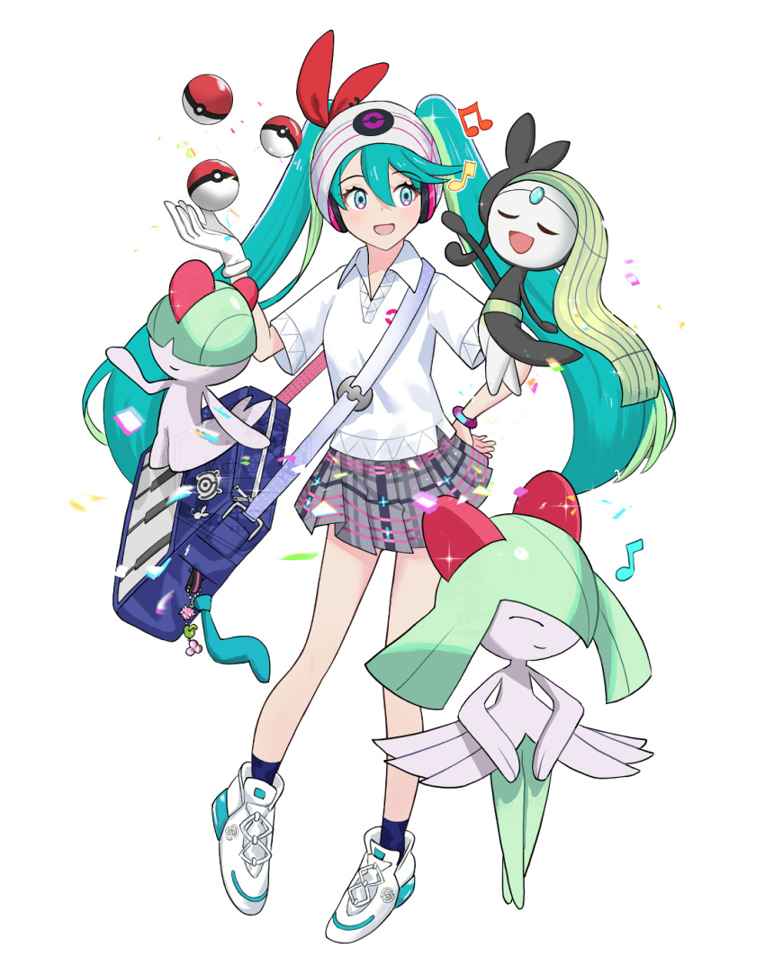 2girls, 2others, aqua_eyes, aqua_hair, bag, ballet, beanie, black_dress, black_socks, blush, bracelet, closed_eyes, closed_mouth, collared_shirt, dress, full_body, gloves, green_hair, grey_skirt, hair_between_eyes, hand_on_own_hip, hat, hatsune_miku, headphones, highres, jewelry, keaworks, kirlia, long_hair, looking_at_another, meloetta, meloetta_(aria), multiple_girls, multiple_others, musical_note, official_alternate_costume, official_alternate_hairstyle, open_mouth, piano_print, plaid_clothes, plaid_skirt, poke_ball, poke_ball_print, pokemon, pokemon_(creature), project_voltage, psychic_miku_(project_voltage), ralts, shirt, shoes, short_sleeves, shoulder_bag, simple_background, single_glove, skirt, smile, socks, twintails, vocaloid, white_background, white_gloves, white_shirt, white_shoes