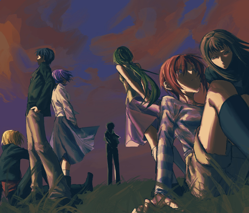 3boys, 4girls, absurdres, arms_behind_back, atemiya_shinobu, back-to-back, benio_azusa, black_jacket, black_pants, blonde_hair, blue_hair, brown_eyes, brown_hair, brown_hands, brown_shorts, character_request, check_character, closed_mouth, evening, grass, green_hair, hand_in_pocket, highres, higuchi_shouji, hondou_sayaka, izuki_fueko, jacket, knee_up, long_hair, looking_at_another, low_ponytail, multiple_boys, multiple_girls, on_ground, orange_clouds, outdoors, pants, ponytail, purple_hair, purple_shirt, purple_skirt, purple_sky, red_hair, saihate_no_ima, shikabane_love, shirt, short_hair, shorts, sidelighting, silhouette, sitting, skirt, sky, sleeveless, sleeveless_shirt, squinting, standing, striped_clothes, striped_shirt, tsukamoto_itsuki, tsukamoto_youko_(saihate_no_ima), violet_eyes, yellow_shirt