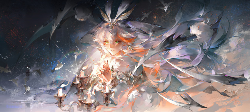 1girl, absurdres, animal, bird, black_nails, bow-shaped_hair, candle, candlestand