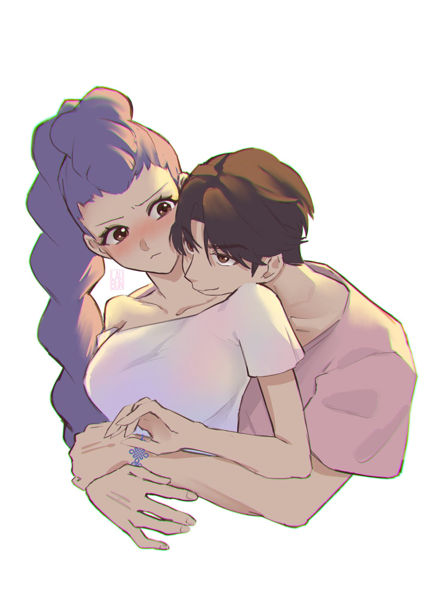 1boy, 1girl, blush, braid, braided_ponytail, brown_eyes, brown_hair, closed_mouth